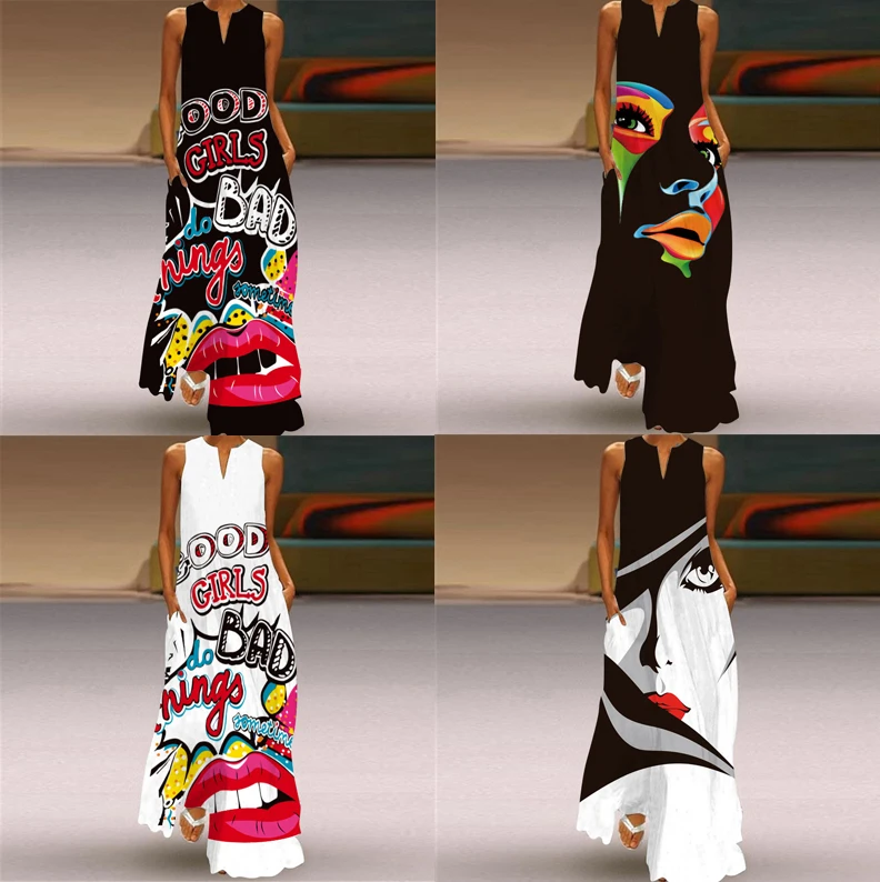 Neues ärmelloses Kleid mit V-Ausschnitt und Graffiti-Retro-Print