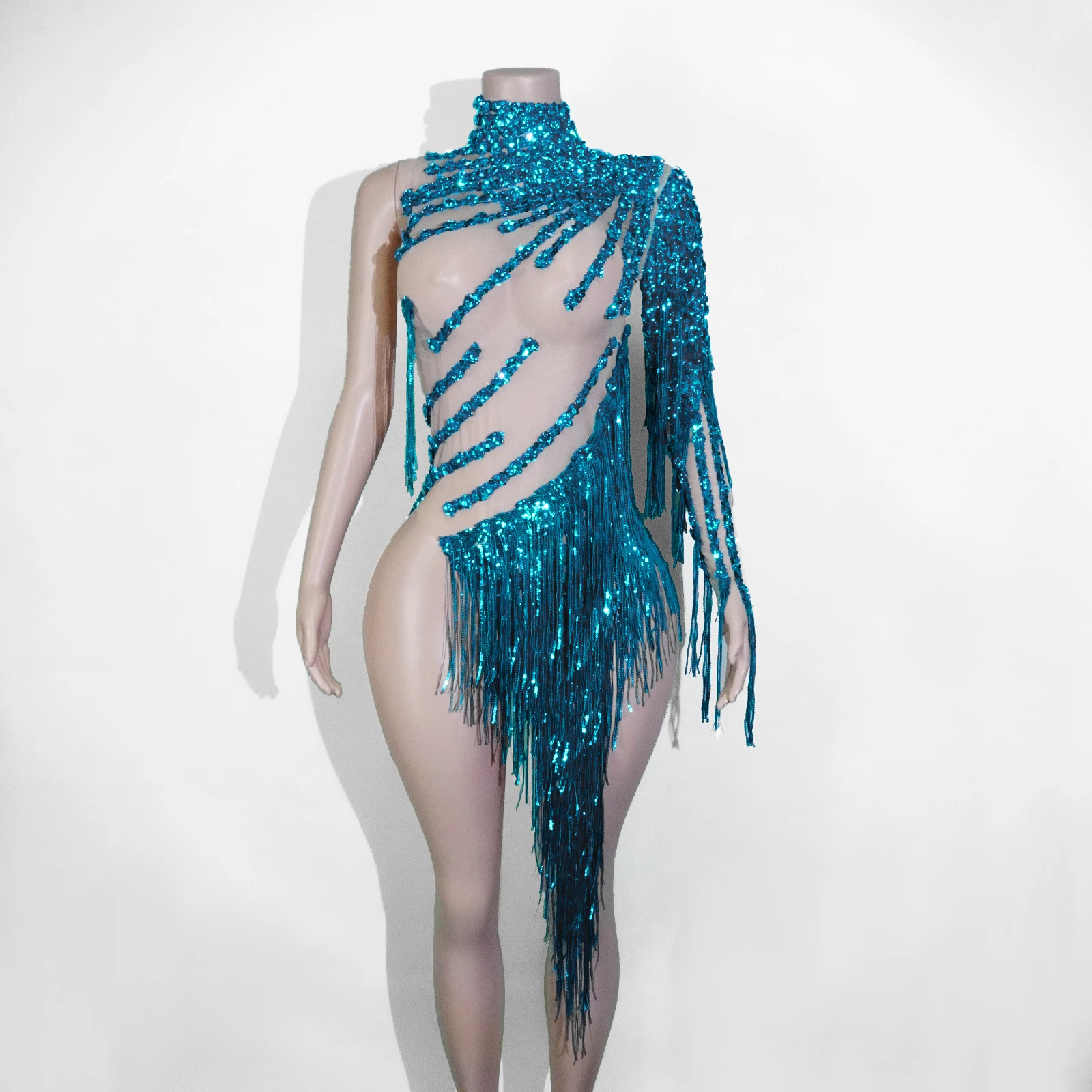 فستان مثير من حجر الراين الأزرق مع شرابات على كتف واحد لمرحلة أداء الرقص اللاتيني زي حفلة DJ فستان عيد الميلاد