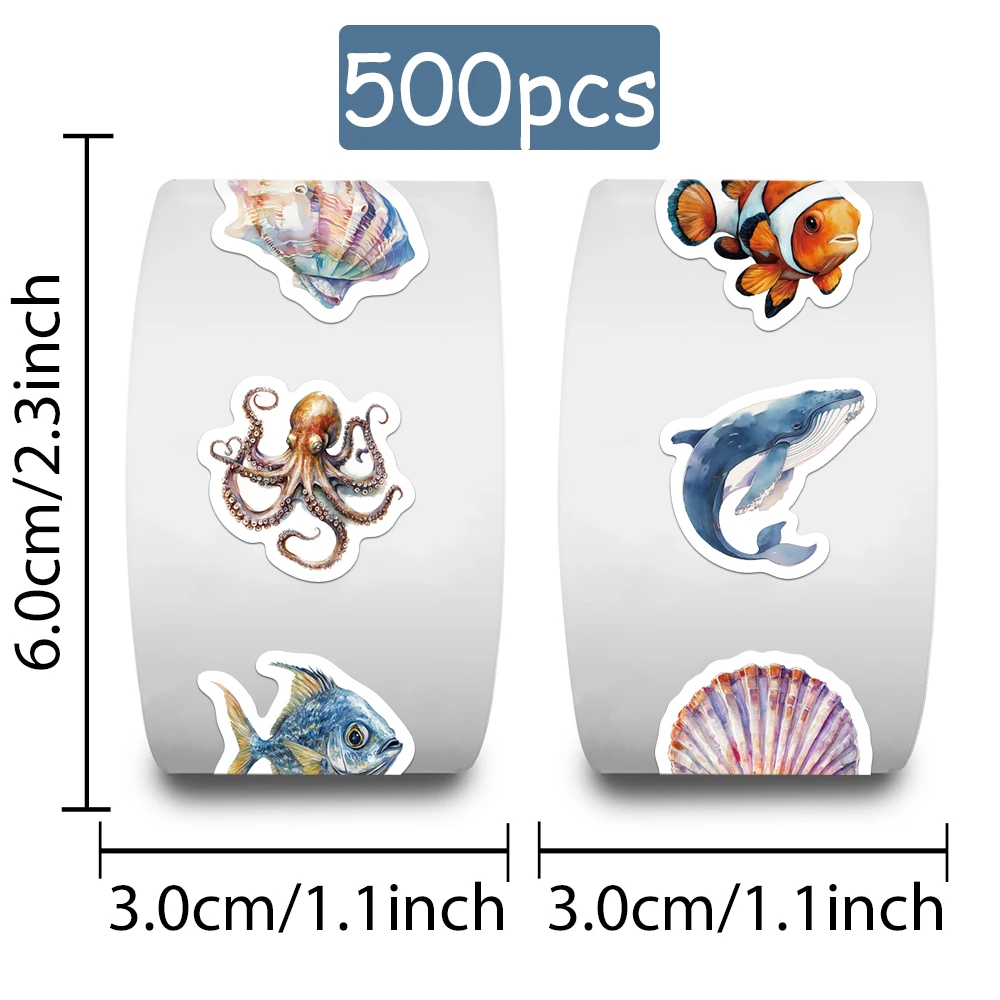 500pcs Marine Organism Roll Stickers Decals For Laptop Scrapbook Suitcase Skateboard Helmet DIY Aesthetic Stickers Creative Gift