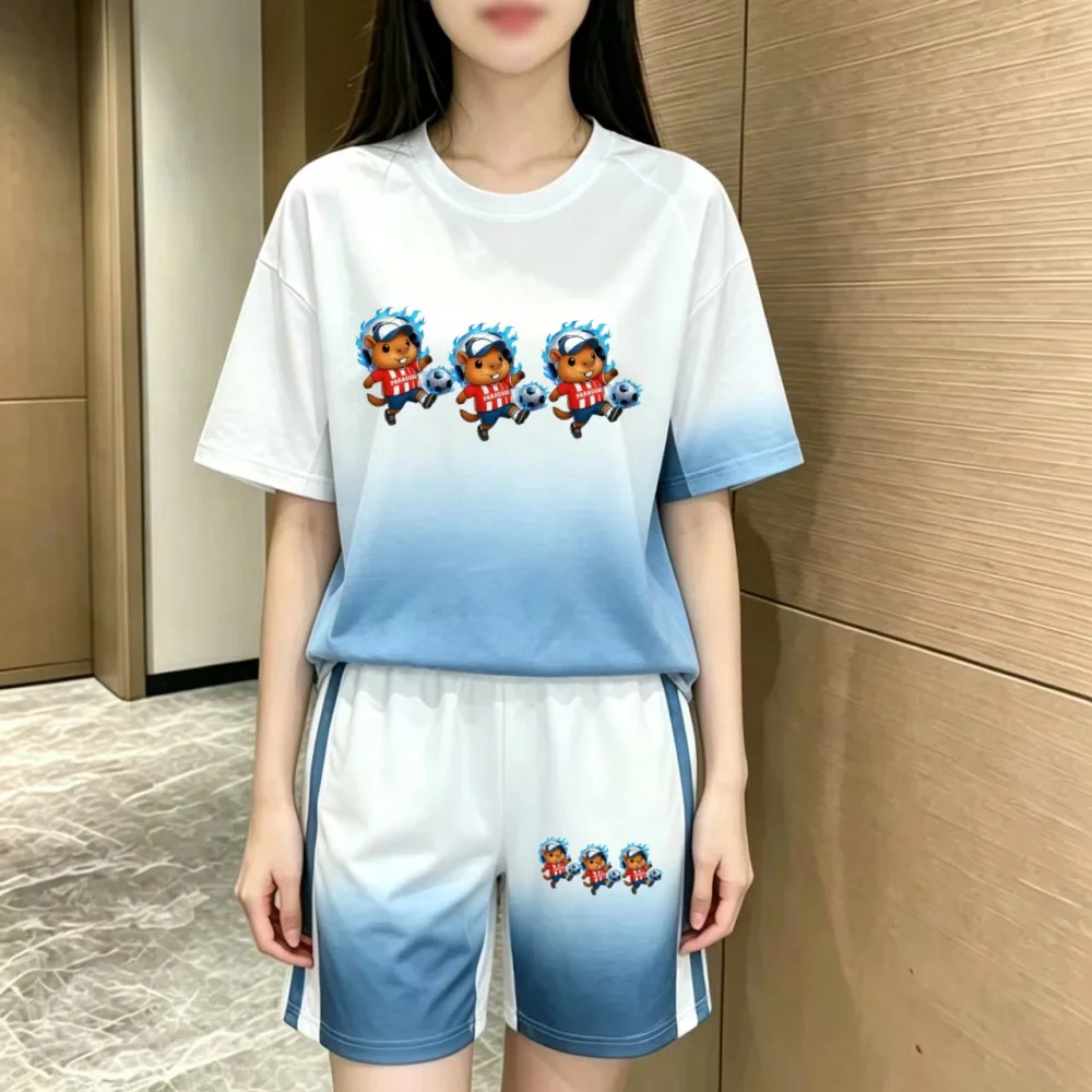 Summer men's and women's Ombre matching Kawaii football capybara pattern T-shirt loose sports shorts daily street wear 2-piece s