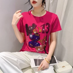 Camiseta de manga corta para mujer, ropa coreana, cuello redondo, letras brillantes de diamantes, Camisetas hechas a mano, 2024