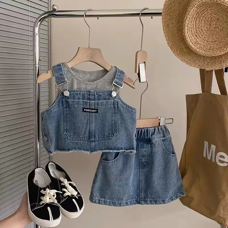 Children's Sets Baby Clothes Summer Thin Fashion Korean Strapped Denim Jumper Separates 3-Piece Set Baby SummerChildren's Sets B