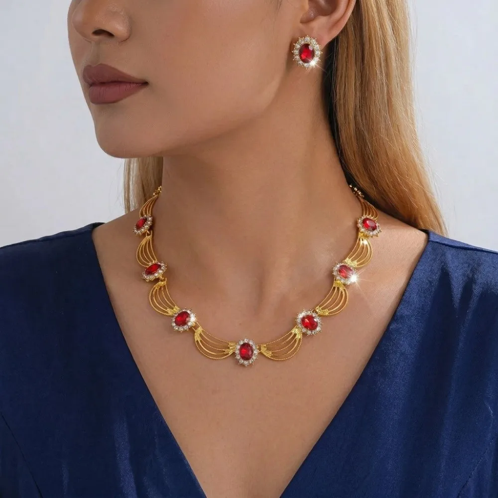Retro Necklace Earrings Set Geometric Crystal Rhinestone Gemstone Necklace Set Alloy Multi Color Statement Jewelry Set
