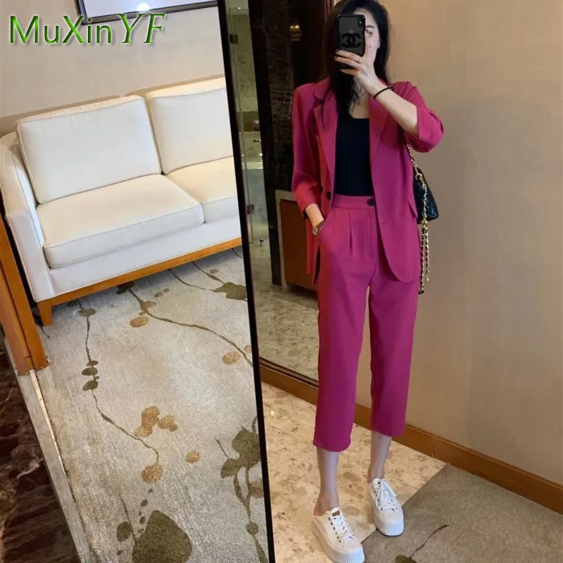 2025 Primavera Sottile Giacca da Abito a Vita Alta Pantaloni Corti Blazer Casual da Donna in Due Pezzi Pantaloni Set Coreano Elegante Vestito di Moda