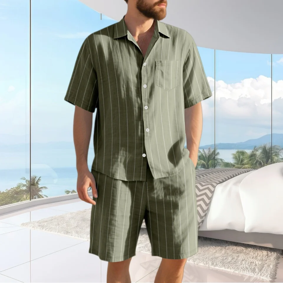 

Summer men's casual linen suit with striped jacquard, loose short-sleeved shirt, shorts - perfect for shopping outings