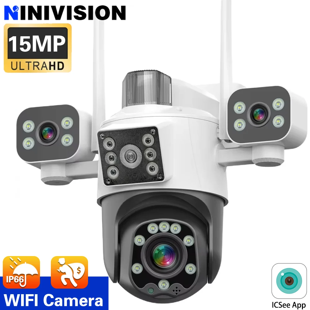 

15MP Outdoor Wifi PTZ Camera Three Lens Three Screen AI Auto Tracking IP Video Surveillance Camera CCTV Two Way Audio ICsee App
