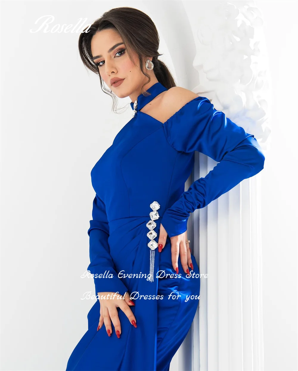 ROSELLA-vestidos de Noche Azul Real con cuello Halter, vestidos de fiesta con cristales, vestidos de sirena de manga larga para baile de graduación, nuevo 2023