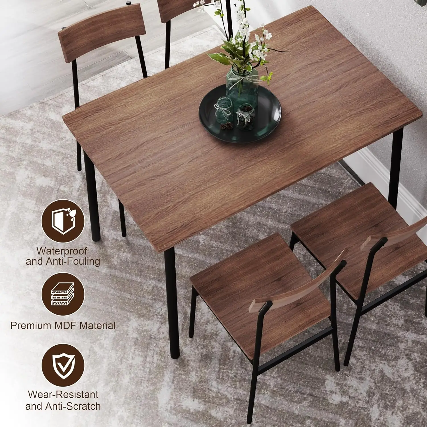 Set da pranzo rustico industriale in legno da 5 pezzi con struttura in metallo - Marrone