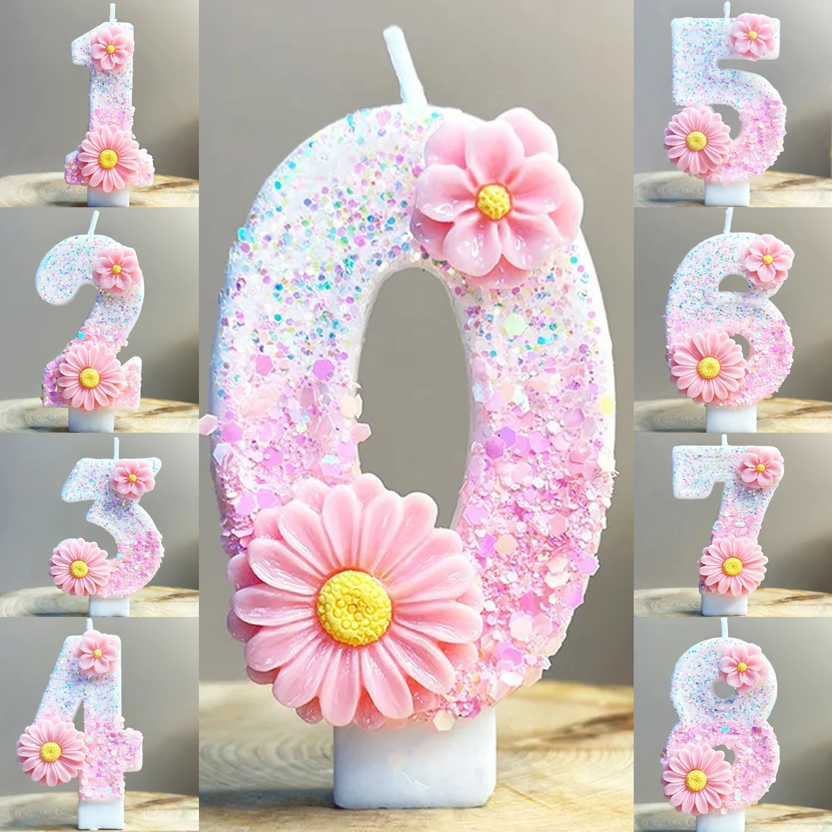 Pink Glitter Flower Number Birthday Candles - Durable Wax Cake Decoration for Party Supplies & Celebrations