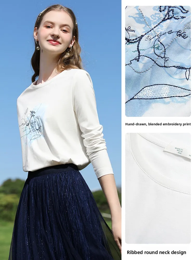 

Cool Sensation Long Sve T-irt Women's White Water Ink Diffusion Print Slim Fit round Ne Cotton Polyester Blend Top