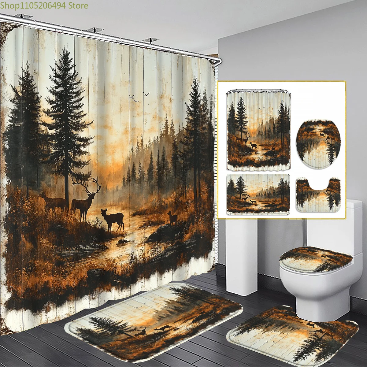 

1/3/4pcs Stream Reindeer Pattern Shower Curtain Set, Bathroom Set, Toilet Seat, Includes And Non-Slip, with 12 Plastic Hooks,