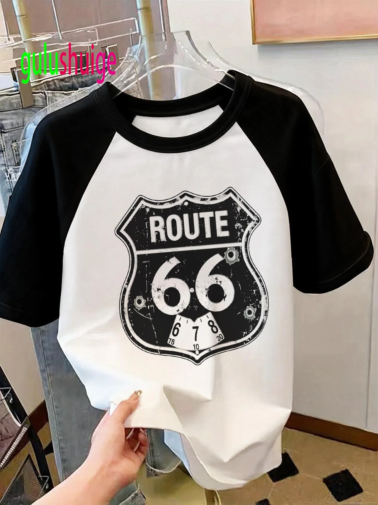 Women's Vintage Route 66 Road Sign T-Shirt with Bullet Hole Clock Print Retro Americana Raglan Short Sleeve Tops Clothes Femme