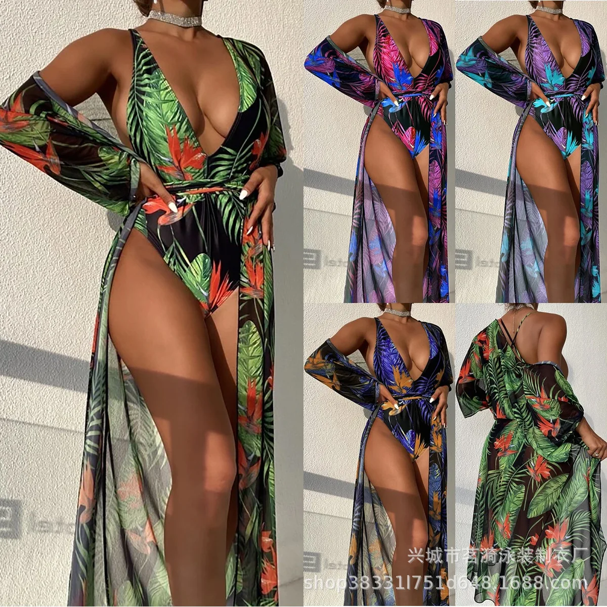 

Bathing Suit Women One-piece European And American Sexy Multi-color Maple Leaf Print With Long Mesh Blouse Three-piece Women's S