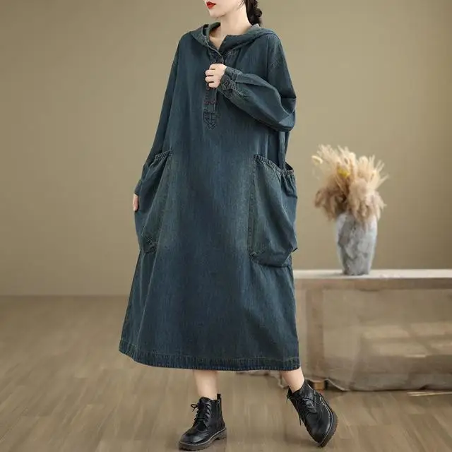 

Весенне-осеннее новое женское ковбойское платье большого размера, свободное пригородное платье с капюшоном