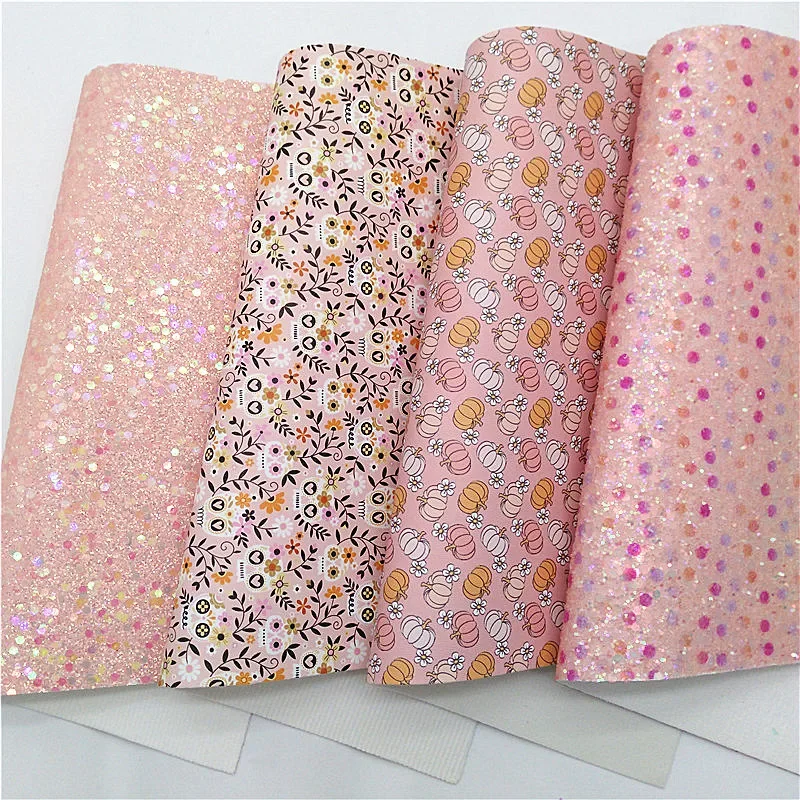 Pastel Colors Dots Custom Glitter Leather Sheets Pumpkins Skulls Flowers Printed Synthetic Leather For Bow DIY 21x29CM Q1468