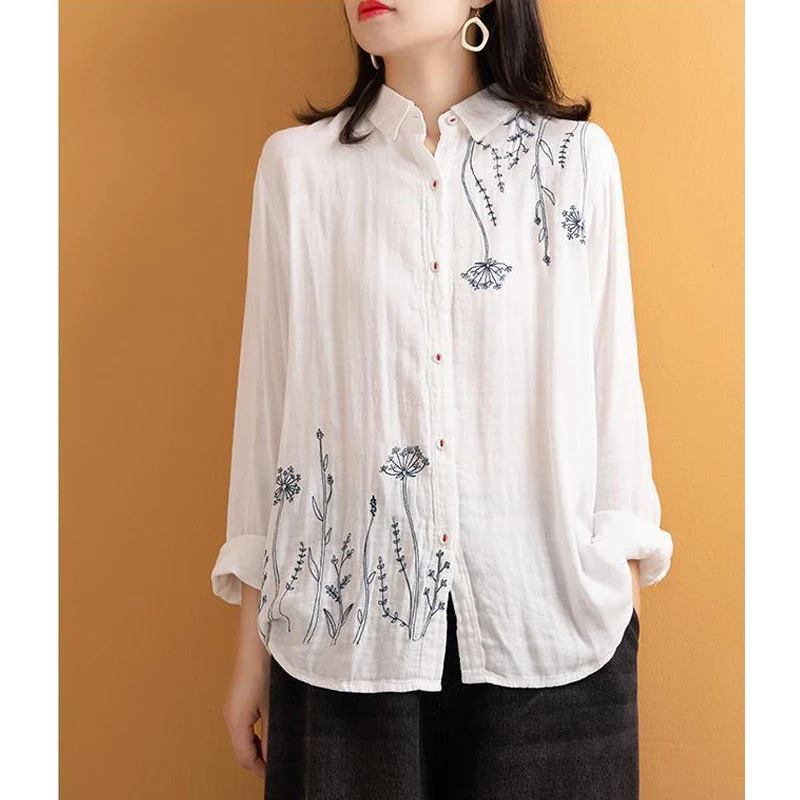 Vintage Embroidery White Simple Cotton Button Up Shirt Comfortable Casual Long Sleeve Loose Tops Blouses for Women Clothing 2023