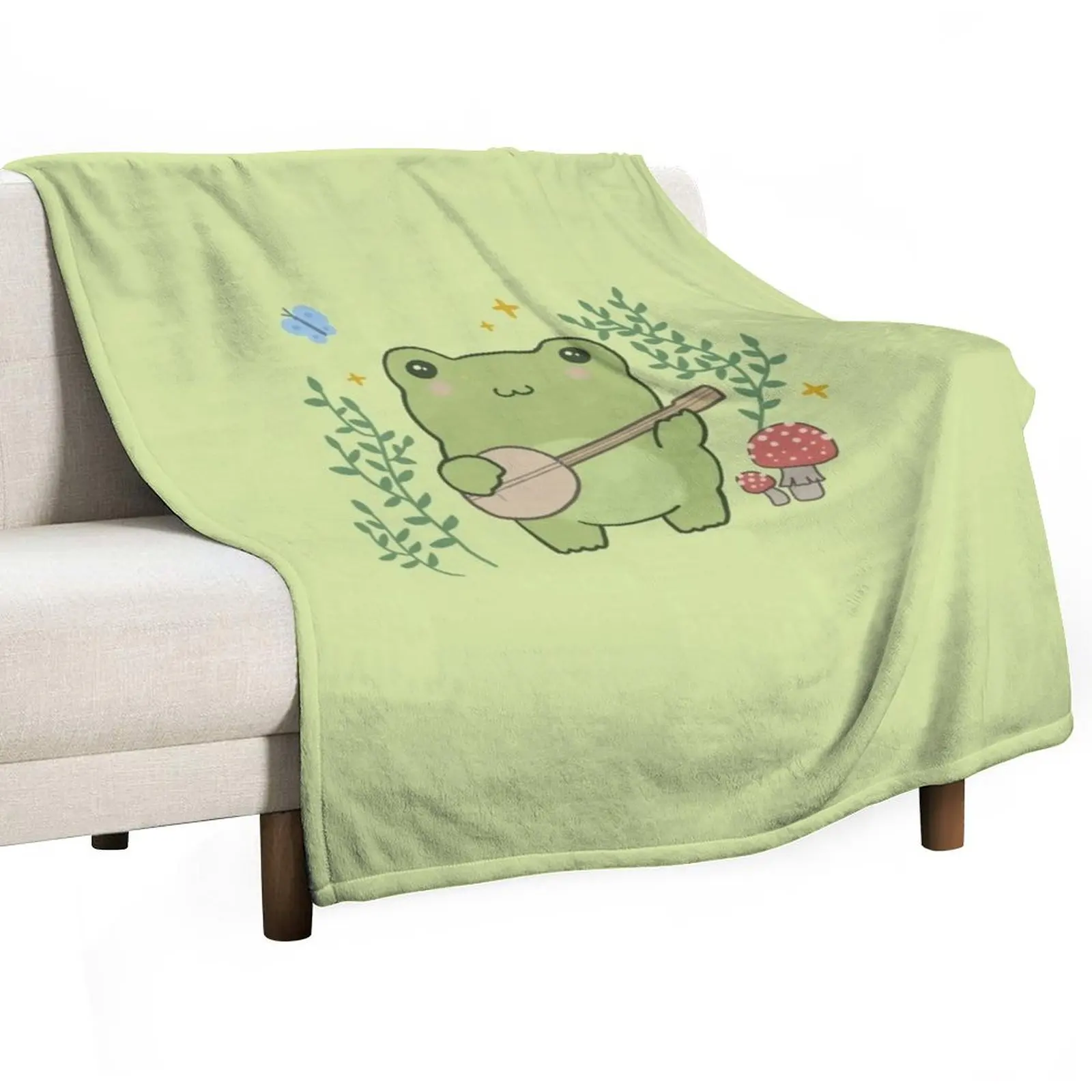 

Cute Kawaii Frog Playing Banjo - Toad Plant Fungi Blue Butterfly - Cottagecore Aesthetic Mushroom - Chubby Phrog Throw Blanket
