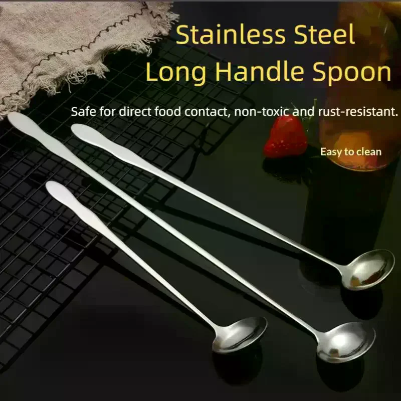 Long Handle Stir Spoon For Cocktails, Ice Coffee, And Tea - Mixing Spoon With Easy Grip Handle Stainless Steel