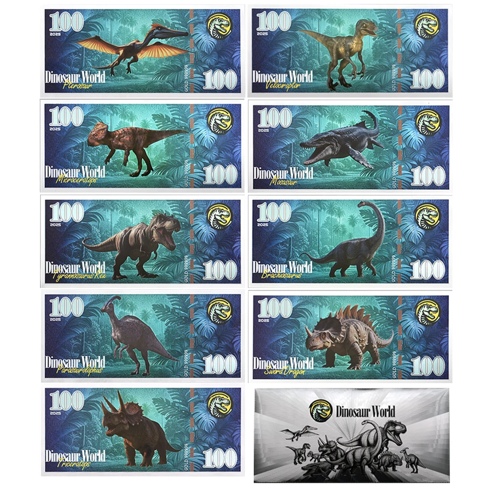

9 Pc Jurassic Dinosaur World Silver Foil Banknote Tyrannosaurus Rex Pterosaur Canglong 100 Plastic Money Collection Holiday Gift