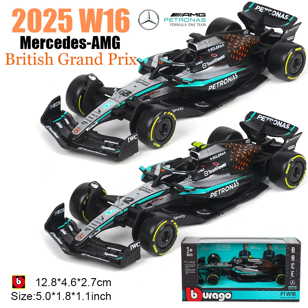 

Bburago 1:43 F1 Mercedes-AMG 2025 British Grand Prix W16 #63 George Russell #12 Kimi Antonelli Alloy Car Die Cast Model Toy