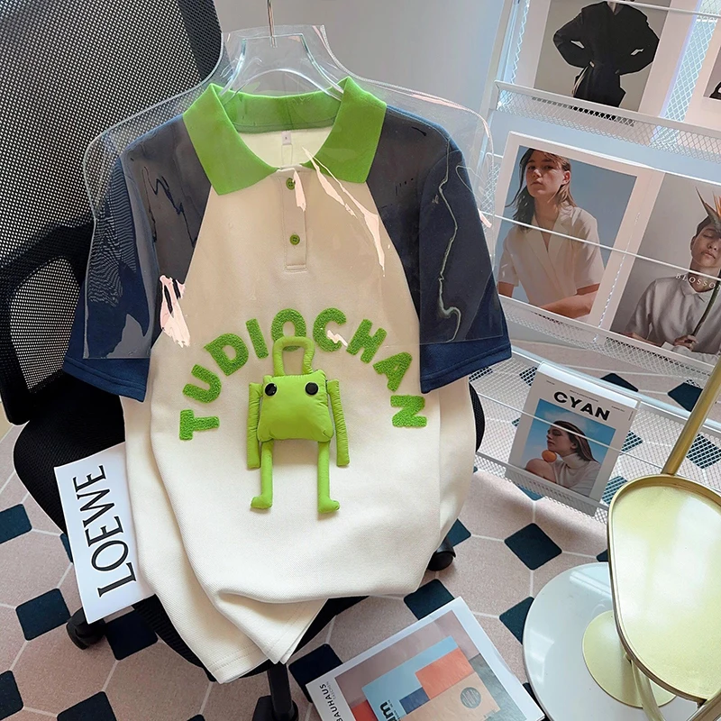 

Loose Fit Ne ort Sve T-irt ex Summer Casual Wear Brand Trendy Sle Youthful ular Flat Embroidery Detail