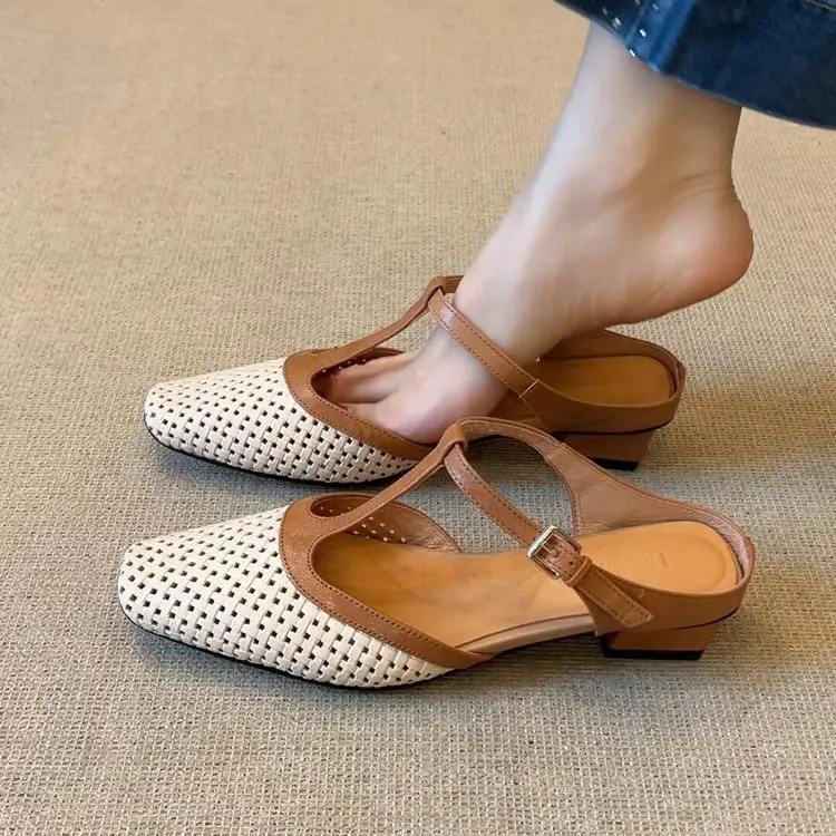 

Women Mid Heels Slippers Fashion Square Toe Mules Shoes Heeled Sandals Slingback Flip Flops New Pumps Dress Mujer Zapatos