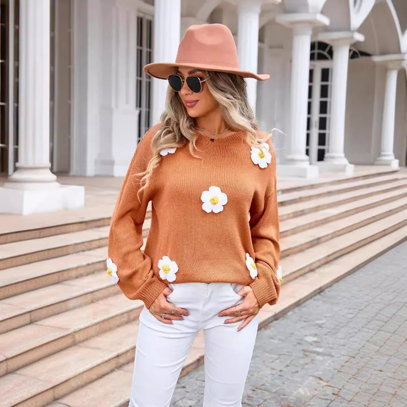 Casual Loose Knitted Pullover Sweater for Autumn/Winter Women\'s Pullers 2024 New O-neck Full Lantern Sleeves 3D Flower Sweater