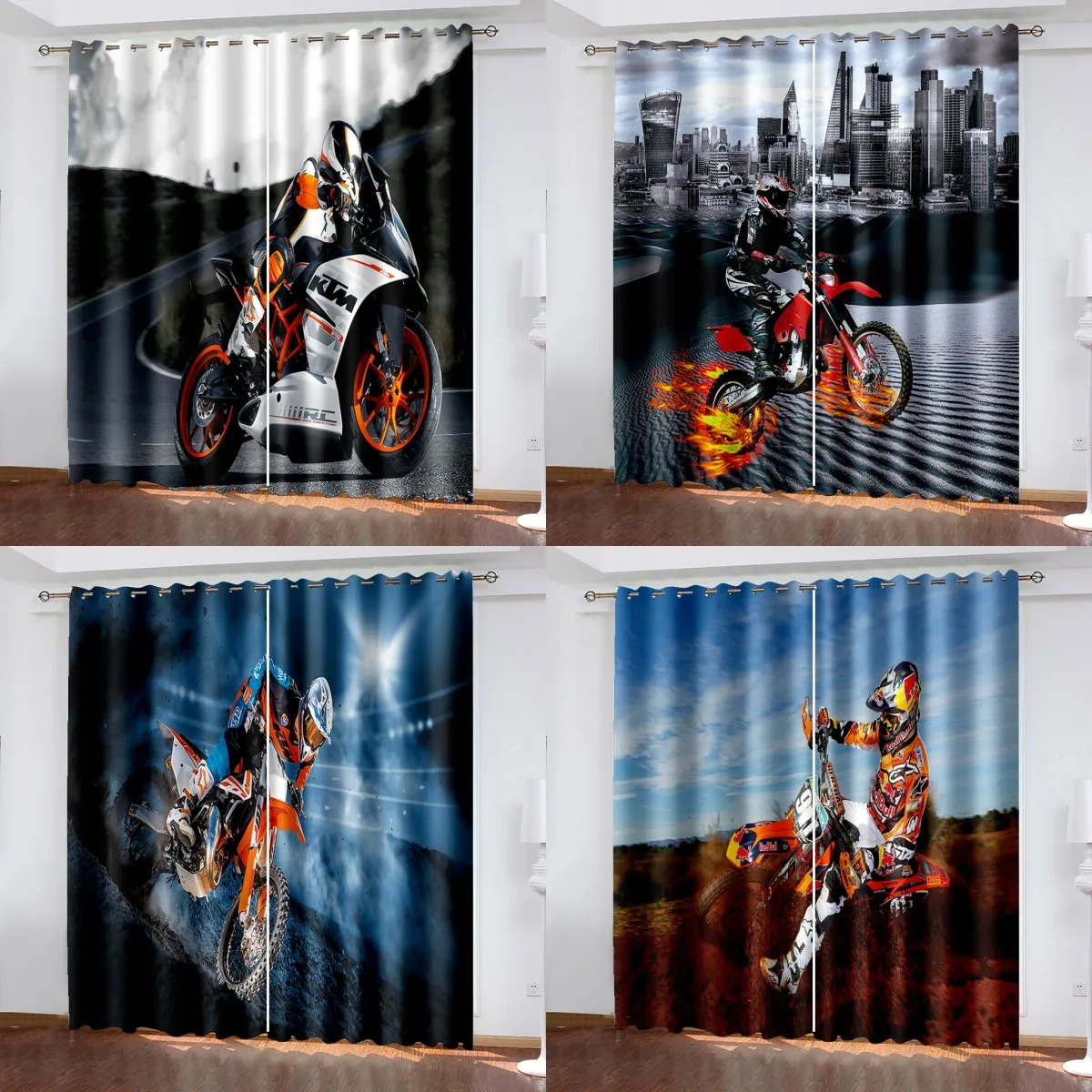 

Motorcycle Printed Thick Curtains Two Independent Curtains on The Left and Right Blackout Curtains for Bedrooms 90% High Shading