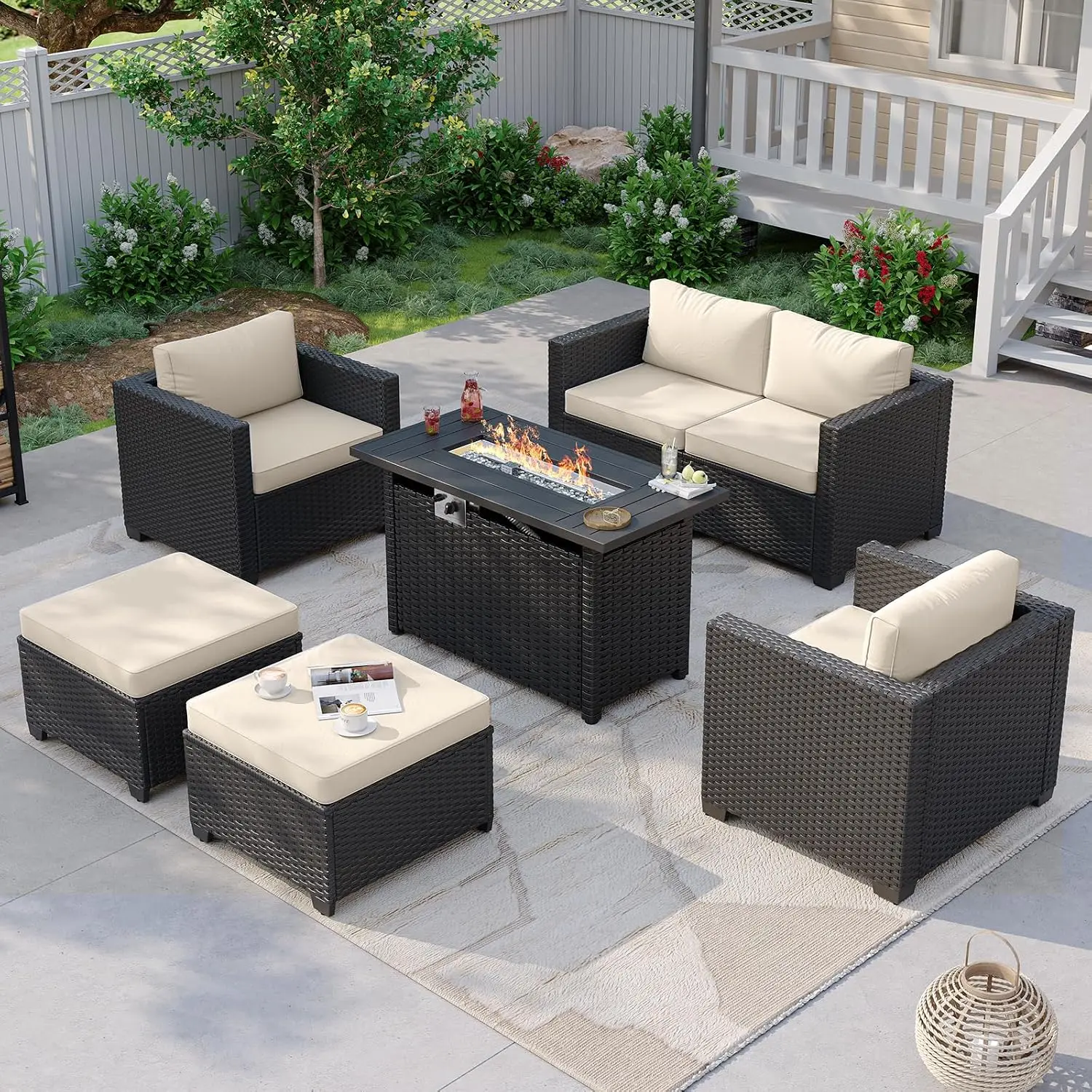 Patio Furniture Set Fire Pit 6 Seats Wicker Ottoman Rattan Sectional Sofa Cushion Waterproof Cover, Customized