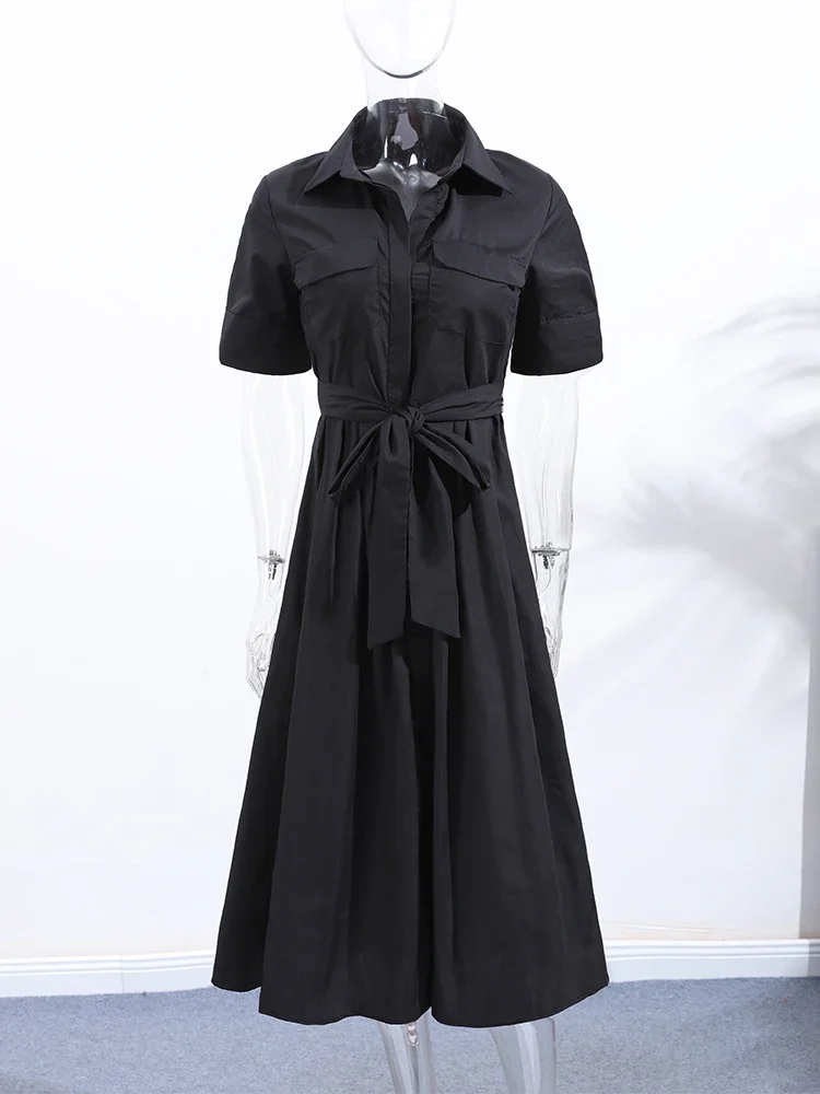 2026 Sommer Langes Schwarzes Kleid für Damen mit Gürtel, langen Ärmeln, plissiertem Revers und tailliertem A-Linien-Schnitt – Modische neue Pendler-Roben für Damen