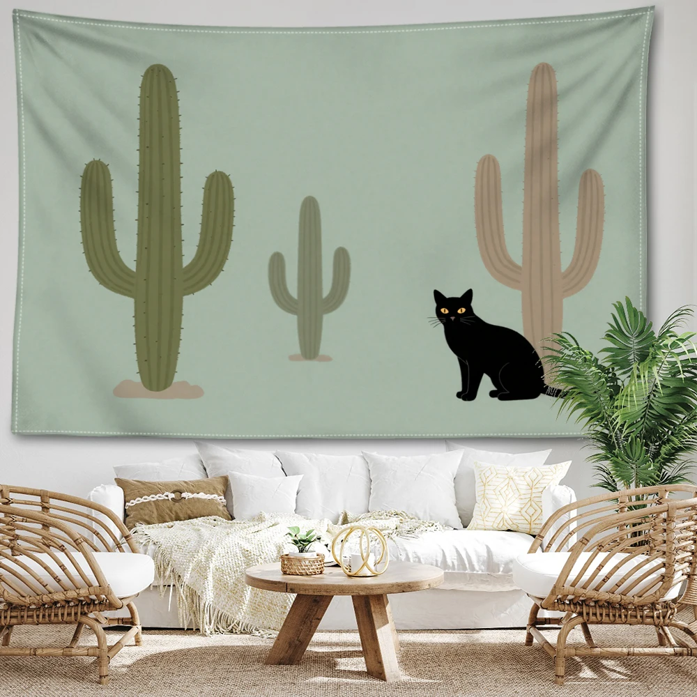 Grey Green Black Cat Cactus Minimalist Wall Tapestry, Boho Decor