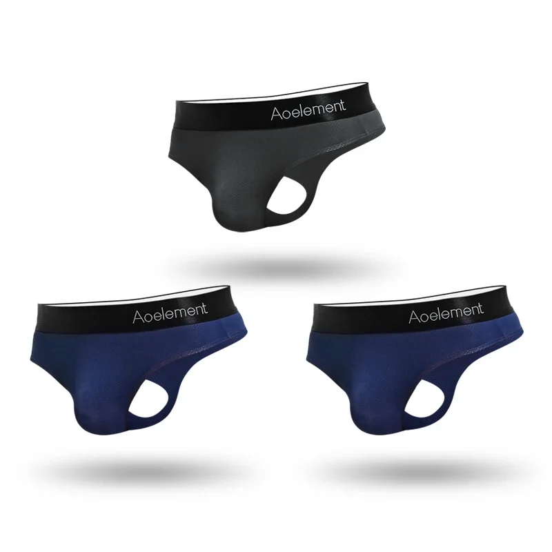 3PCS Men's low-rise solid color U-convex elastic tight ice silk sexy T-shirt, smooth and revealing buttocks breathable thong
