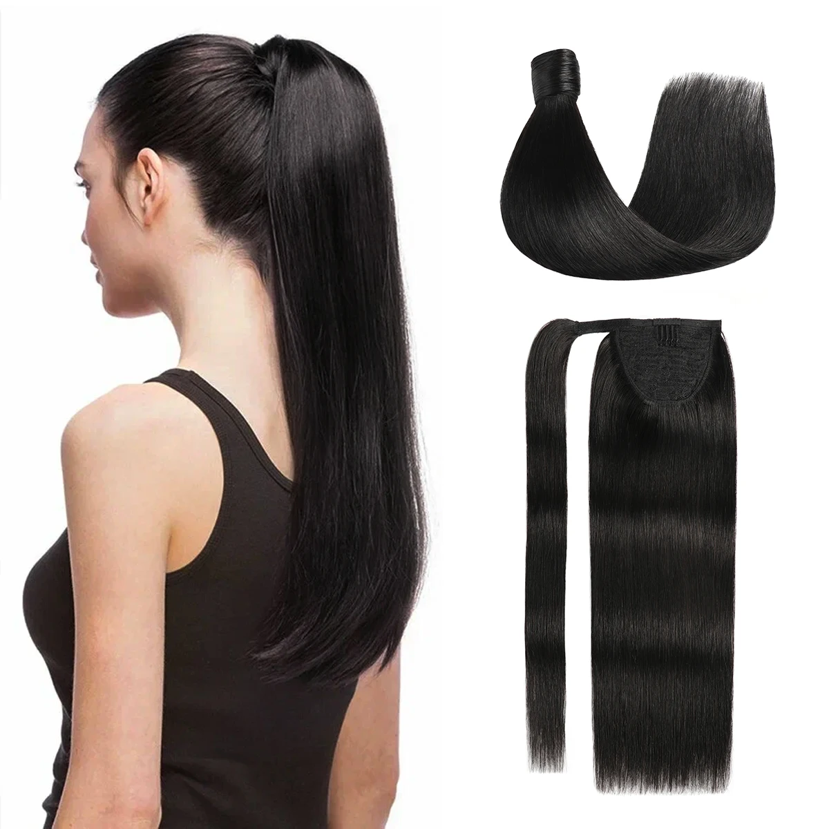 Straight Remy 100% Natural Human Hair Ponytail Extensions Natural Black Magic Wrap around Clip in Horsetail Hair Extensions