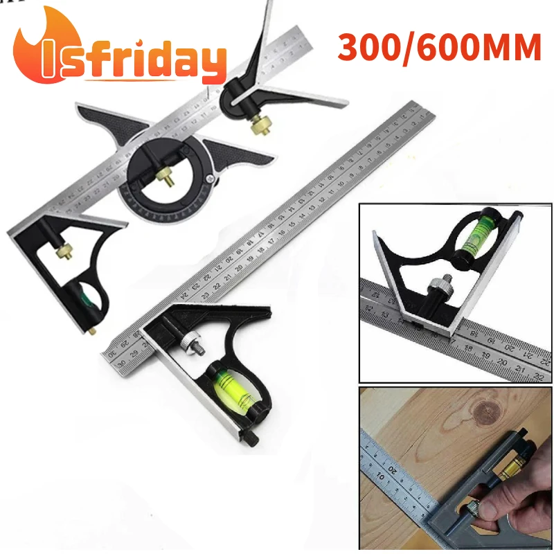 Square Right Angle Ruler Protractor Movable Square Woodworking Angle Ruler Stainless Steel Measuring Tape Combination Set