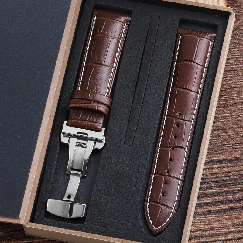 16mm Genuine Cowhide Watch Straps with Box WatchBand  Wristband Belt Butterfly Clasp Watch Bracelet