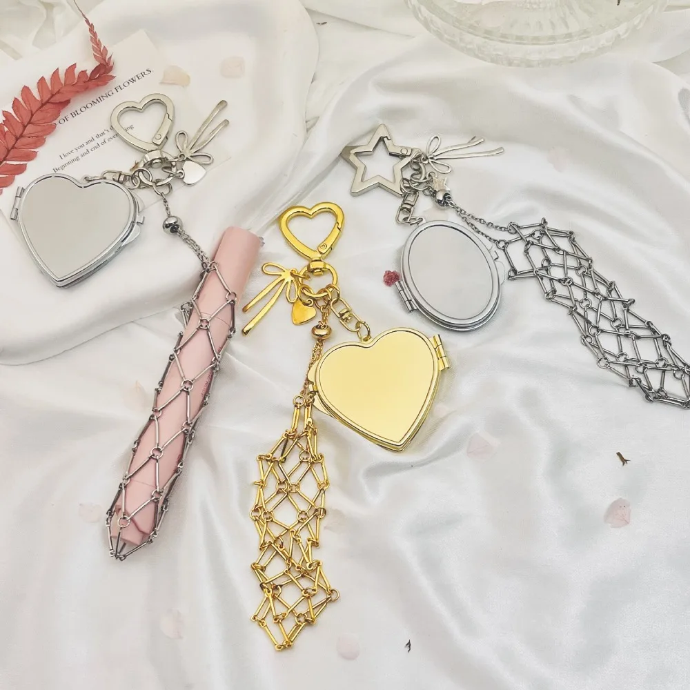 

New Metal Net Pocket Lipstick Keychain With Mirror Round Heart Charm Lip Balm Holder Keyring Fashion Women Accessory Gift