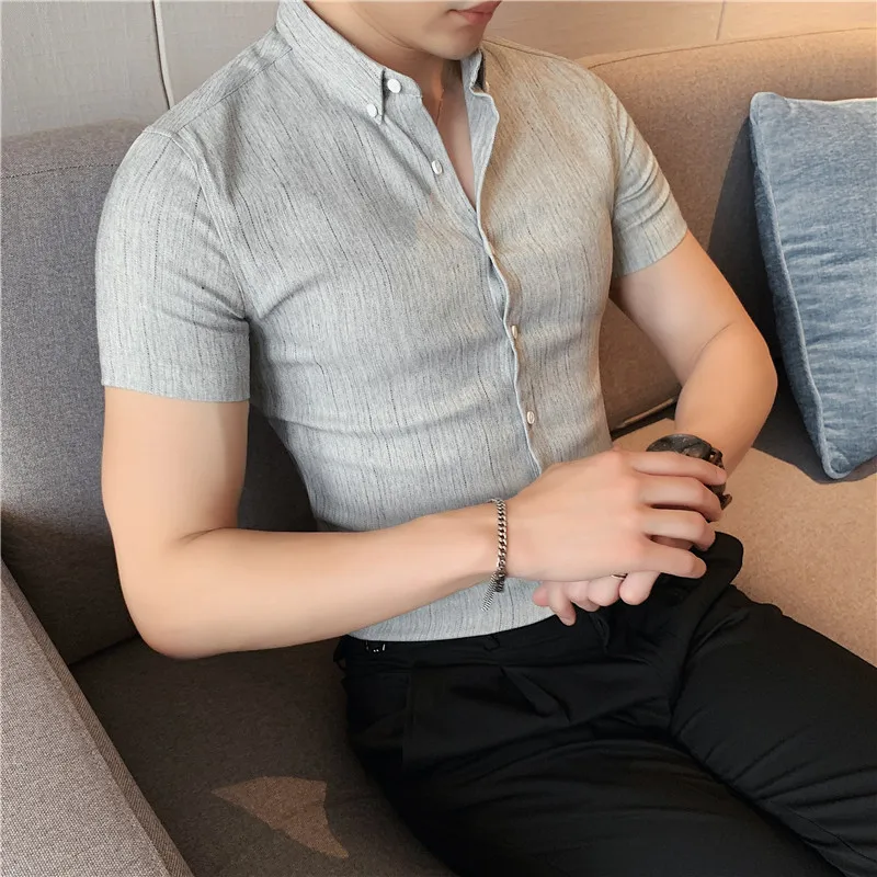 Plus Size 4XL-M Summer Mens Dark Striped Shirts Short Sleeve Fashion 2022 Korean Slim Casual Business Formal Wear Dress Blouse