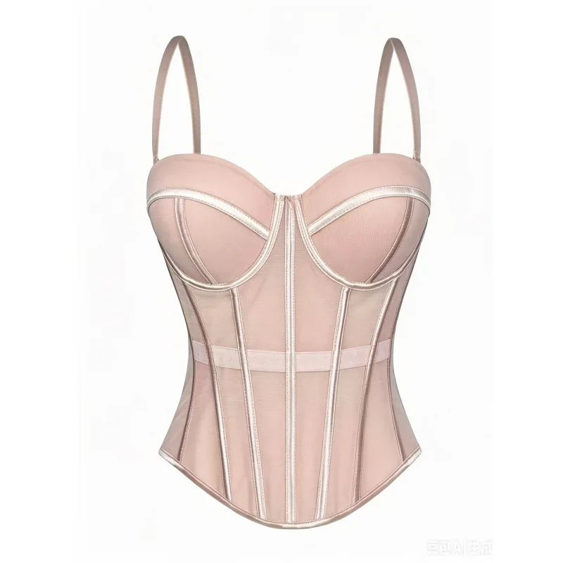 

Fashionable Strappy Bustier Sleeveless Boned Bra, Slim-fit Undershirt, Outerwear Vest, Women's Top with Fixed Cup Pads