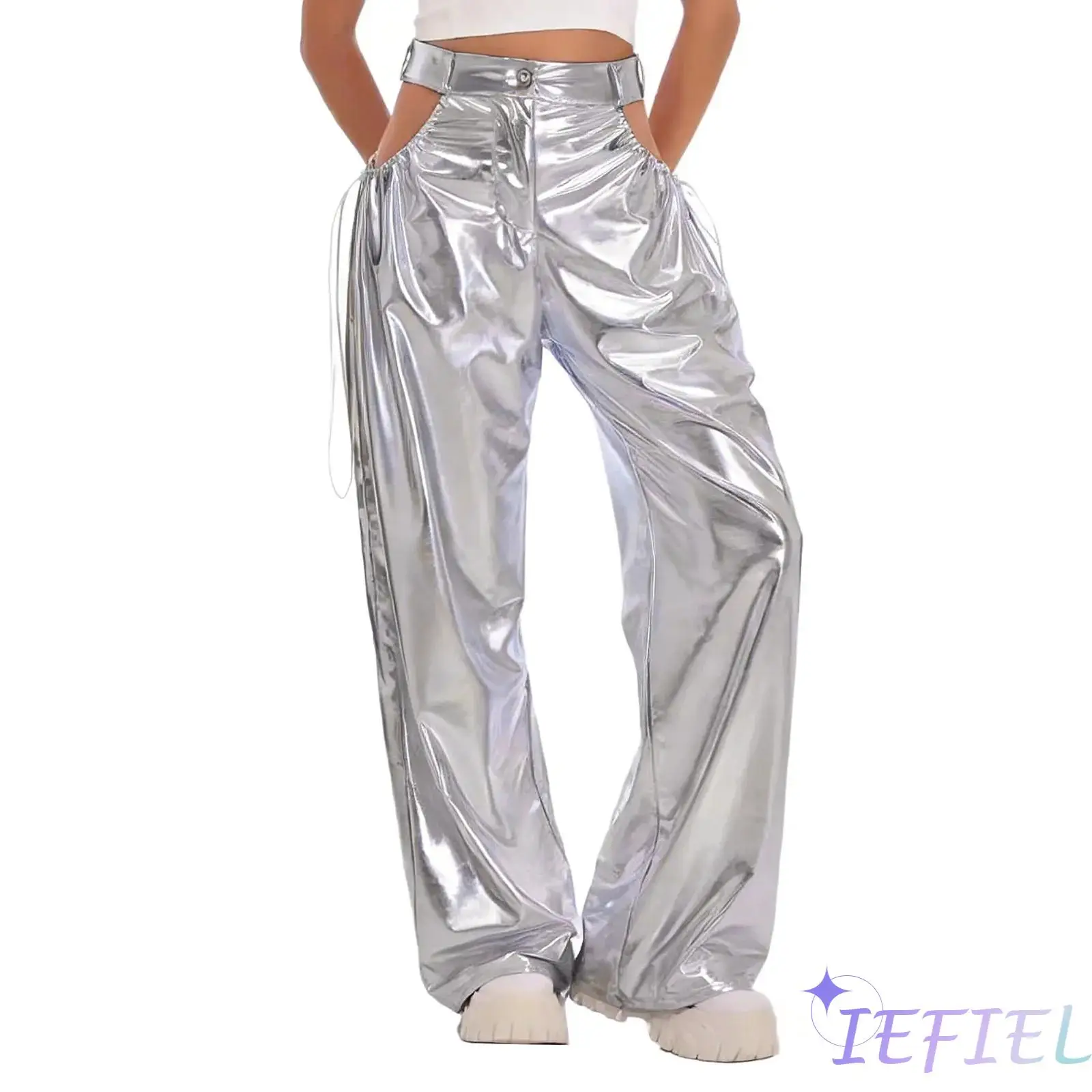 

Womens Metallic Shiny Disco Dance Pants Side Cutout with Drawstring Wide Leg Loose Long Pants Hip Hop Jazz Dance Clothing