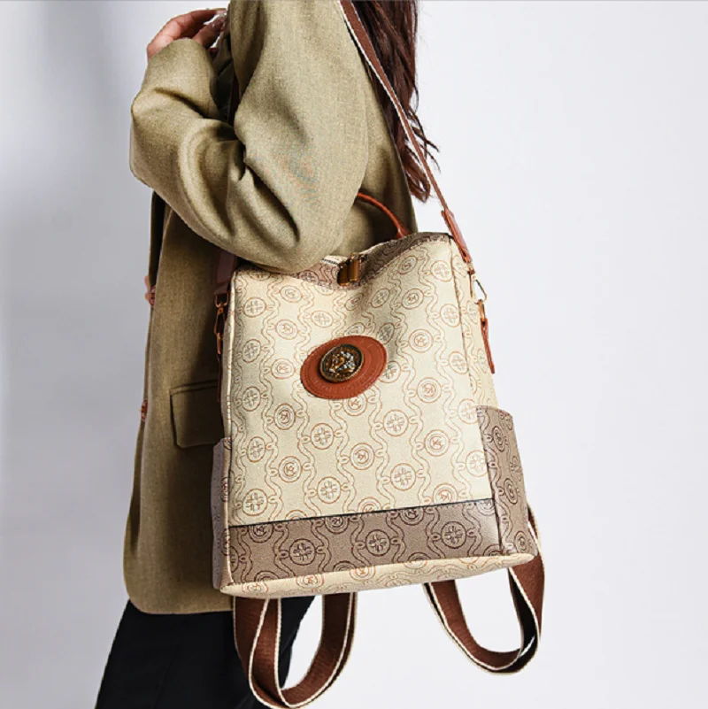 

2026 High Quality Soft Leather Travel Backpacks Women's Fashion Vintage Printed Shoulder Bags Totes Large Capacity Crossbody Bag