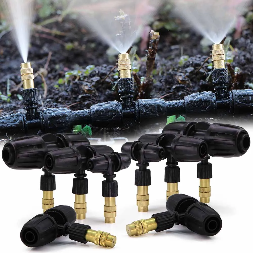 Brass Misting Nozzles with Tee Connector Snap-On Quick Joint Outdoor Garden Irrigation Atomizer Sprayer 1/4'' 3/8'' 1/2'' Tubing