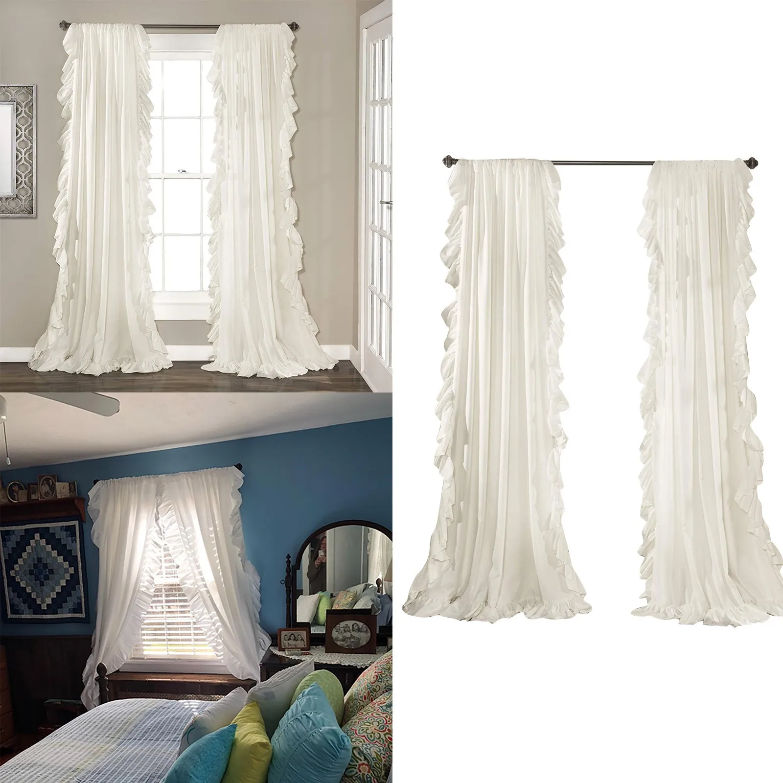 2pcs White Ruffle Curtains Cotton Linen Shabby Chic Trim Privacy Sheer Drapes For Dining Rooms Bedroom Window Home Decorations