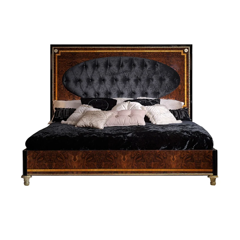 !@Customized  European Style Bedroom Furniture Black Velvet King Size Soft Bed Classic Antique Solid Wood Luxury Bedroom Set 202 - view 4