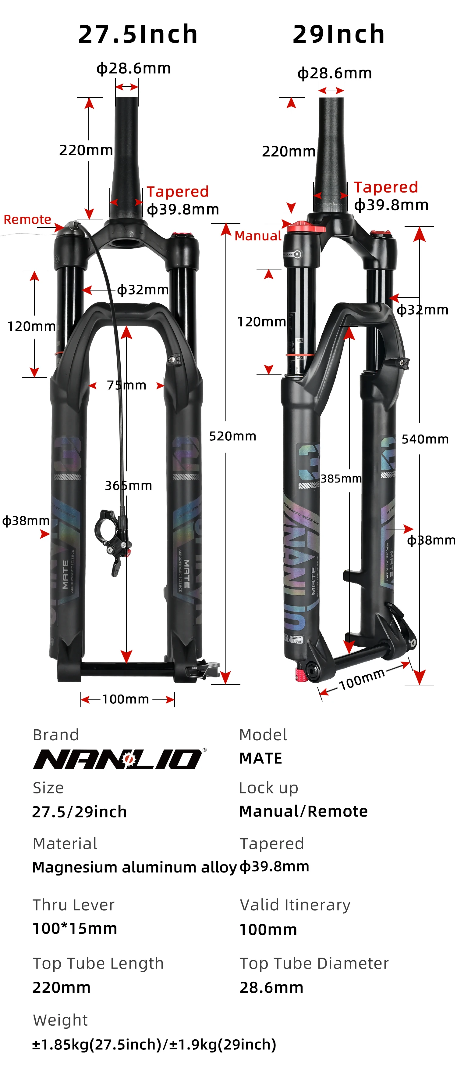 NANLIO X7 Fahrrad-Luftgabel, Rückprall-Einstellung, 26/27,5/29 Zoll, gerade/konisch, RL/LO MTB-Fahrradgabel, 120 140 mm, Reisen – Detail 5