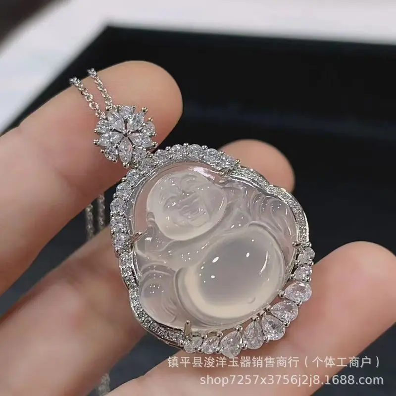 女性用の氷白カルセドニー仏像付き銀メッキ瑪瑙ペンダント、翡翠弥勒仏ネックレス、高品質アイスc