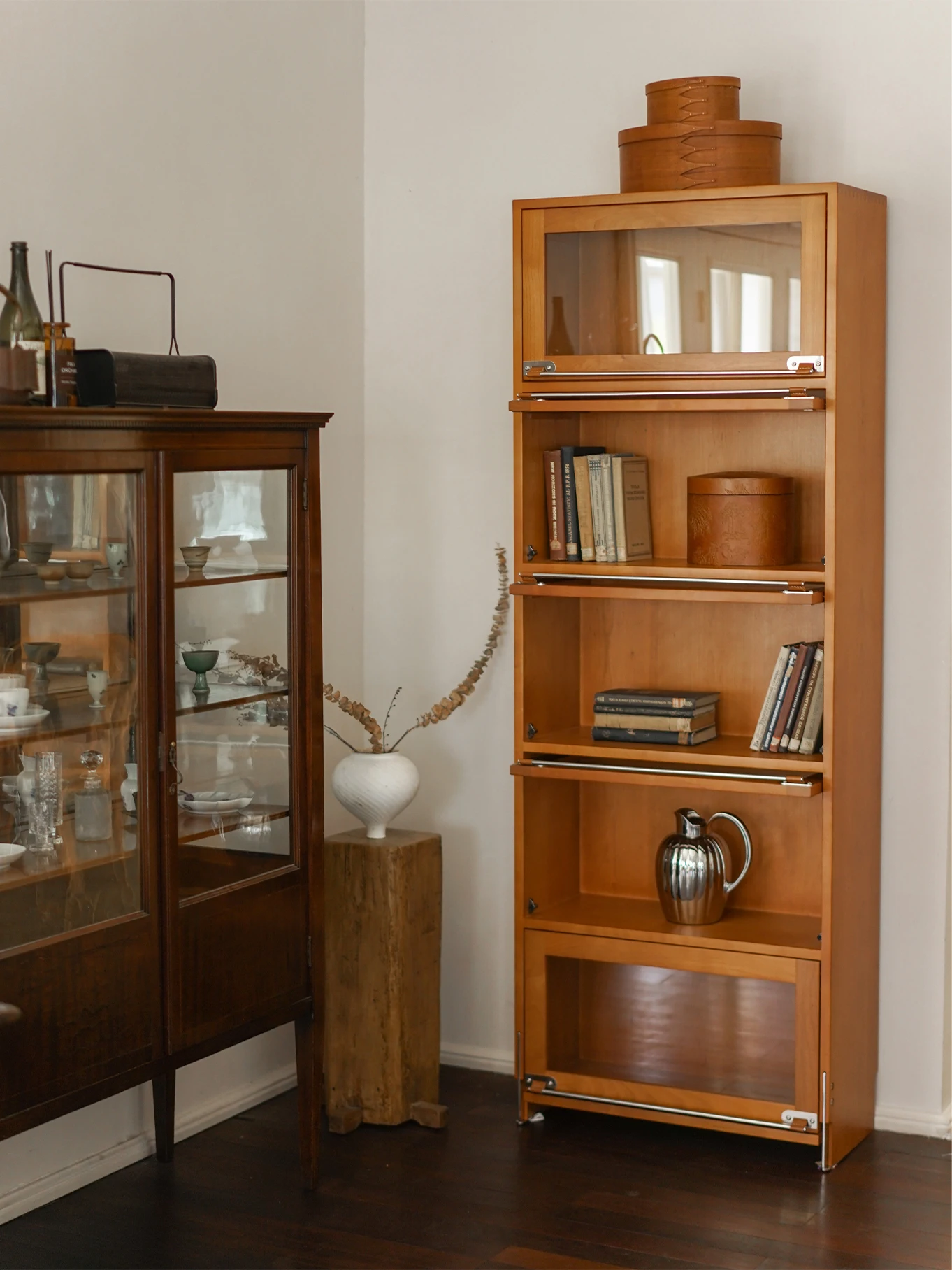 Bookcase, desk, integrated storage rack, solid wood wall to floor with door