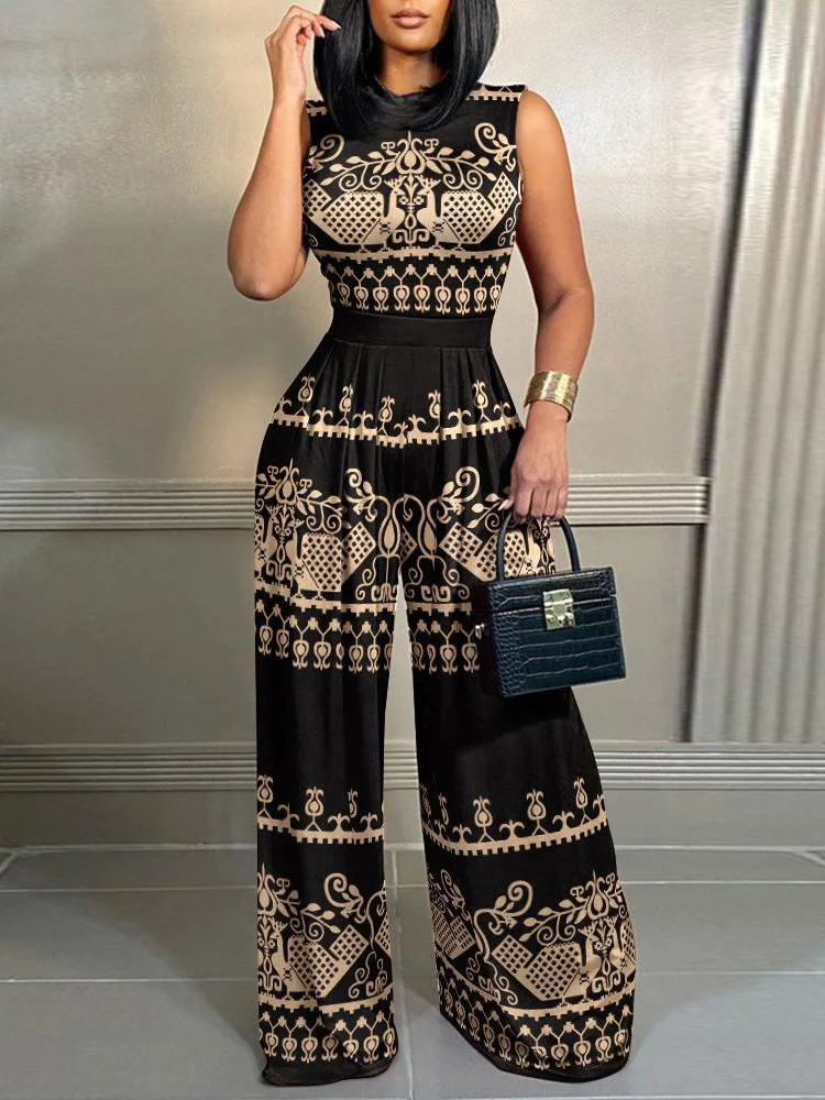 

Office Lady Wide Leg Pants Jumpsuit 2024 Summer Fashion Printing Jumpsuits Elegant Sleeveless Holiday Women Bodysuits Jumpsuits