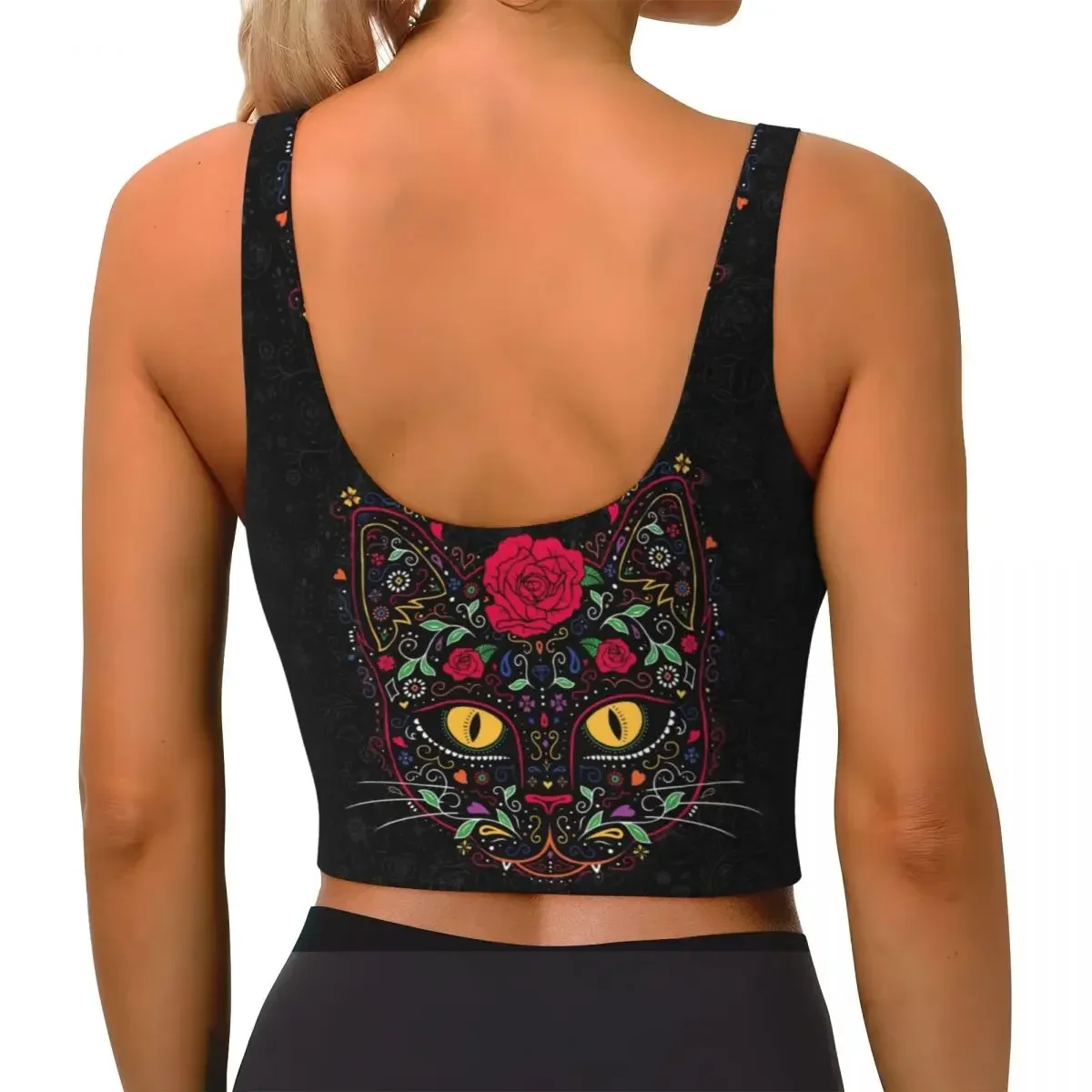 Camisetas sin mangas cortas personalizadas para mujer, camisetas sin mangas con calavera de azúcar y gato gatito, Día de los muertos, sujetadores deportivos de Yoga florales mexicanos para Halloween