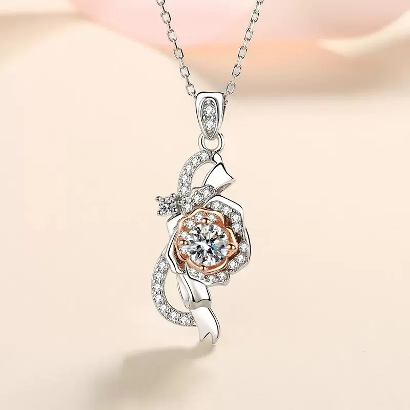 0.5CT D Color VVS1 Moissanite Rose Flower Pendant Necklace 925 Sterling Silver Pass Diamond Tester Fine Jewelry for Women Gift