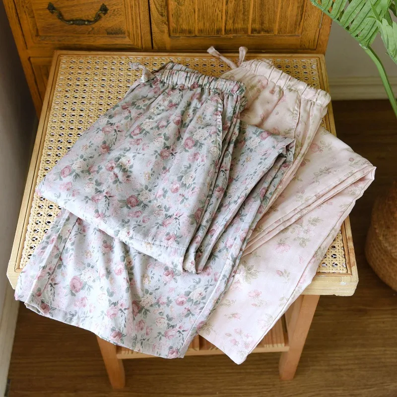 2026 Spring and Autumn New Women's Sleeper Pants 100% Cotton Floral Countryside Style Double Layer Yarn Thin Loose Home Pants